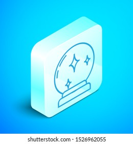 Isometric line Magic ball icon isolated on blue background. Crystal ball. Silver square button. Vector Illustration