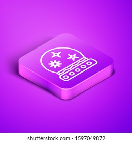 Isometric line Magic ball icon isolated on purple background. Crystal ball. Purple square button. Vector Illustration