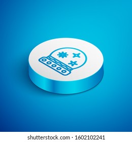 Isometric line Magic ball icon isolated on blue background. Crystal ball. White circle button. Vector Illustration