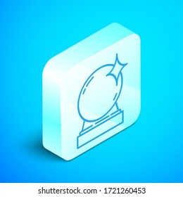 Isometric line Magic ball icon isolated on blue background. Crystal ball. Silver square button. Vector Illustration