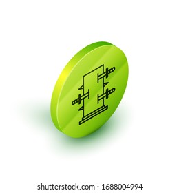 Isometric line Magic box, trunk for magic tricks icon isolated on white background. Show with knives, piercing the box with swords. Green circle button. Vector Illustration