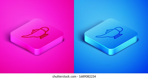 Isometric line Magic lamp or Aladdin lamp icon isolated on pink and blue background. Spiritual lamp for wish. Square button. Vector Illustration