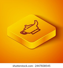 Isometric line Magic lamp or Aladdin lamp icon isolated on orange background. Spiritual lamp for wish. Yellow square button. Vector