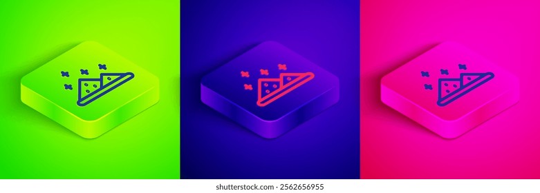 Isometric line Magic powder icon isolated on green, blue and pink background. Square button. Vector