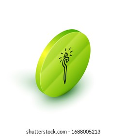 Isometric line Magic staff icon isolated on white background. Magic wand, scepter, stick, rod. Green circle button. Vector Illustration