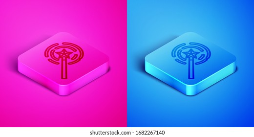 Isometric line Magic wand icon isolated on pink and blue background. Star shape magic accessory. Magical power. Square button. Vector Illustration