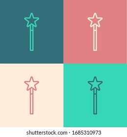 Isometric line Magic wand icon isolated on blue background. Star shape magic accessory. Magical power. Silver square button. Vector Illustration