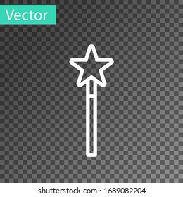 Isometric line Magic wand icon isolated on pink and blue background. Star shape magic accessory. Magical power. Square button. Vector Illustration