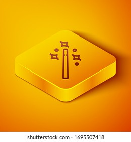 Isometric line Magic wand icon isolated on orange background. Star shape magic accessory. Magical power. Yellow square button. Vector Illustration