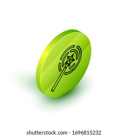Isometric line Magic wand icon aislado en fondo blanco. Accesorio mágico con forma de estrella. Poder mágico. Botón de círculo verde. Ilustración vectorial