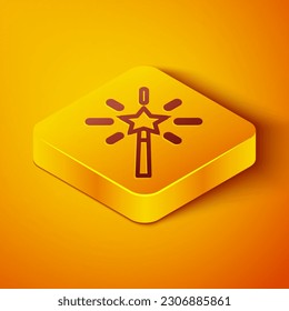 Isometrische Linie Zauberstab Symbol einzeln auf orangefarbenem Hintergrund. Zaubererzubehör in Sternenform. Magische Kraft. Gelber Quadrat-Knopf. Vektorgrafik