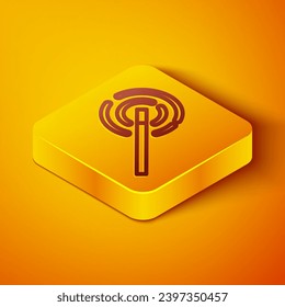 Isometric line Magic wand icon isolated on orange background. Star shape magic accessory. Magical power. Yellow square button. Vector