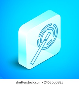 Isometric line Magic wand icon isolated on blue background. Star shape magic accessory. Magical power. Silver square button. Vector Illustration