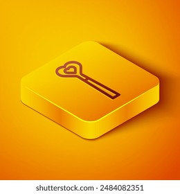 Isometrische Linie Magischer Zauberstab-Symbol auf orangefarbenem Hintergrund. Sternenförmiges magisches Zubehör. Magische Kraft. Gelbes quadratisches Button. Vektorgrafik