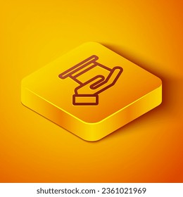 Isometric line Magician hat in hand icon isolated on orange background. Magic trick. Mystery entertainment concept. Yellow square button. Vector