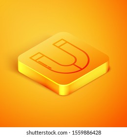 Isometric line Magnet icon isolated on orange background. Horseshoe magnet, magnetism, magnetize, attraction. Orange square button. Vector Illustration