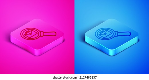 Isometric Line Magnifying Glass With Briefcase Icon Isolated On Pink And Blue Background. Job Hunting Icon. Work Search Concept. Unemployment, Head Hunting, Career. Square Button. Vector