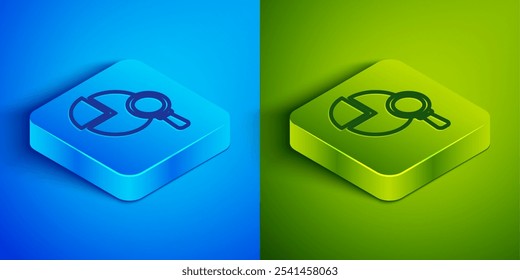 Isometric line Magnifying glass and data analysis icon isolated on blue and green background. Square button. Vector