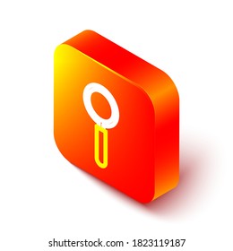 Isometric line Magnifying glass icon isolated on white background. Search, focus, zoom, business symbol. Orange square button. Vector Illustration