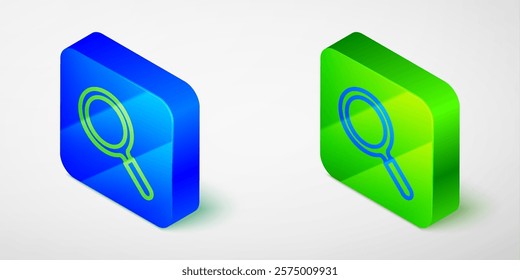 Isometric line Magnifying glass icon isolated on grey background. Search, focus, zoom, business symbol. Blue and green square button. Vector