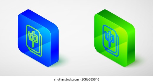 Isometric line Mahjong pieces icon isolated on grey background. Chinese mahjong red dragon game emoji. Blue and green square button. Vector