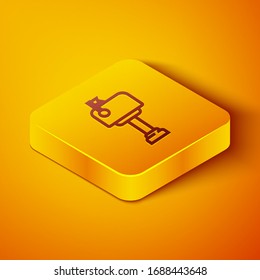 Isometric line Mail box icon isolated on orange background. Mailbox icon. Mail postbox on pole with flag. Yellow square button. Vector Illustration