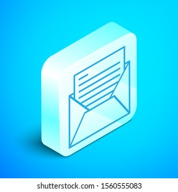 Isometric line Mail and e-mail icon isolated on blue background. Envelope symbol e-mail. Email message sign. Silver square button. Vector Illustration