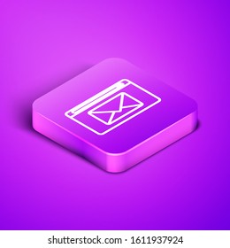 Isometric line Mail and e-mail icon isolated on purple background. Envelope symbol e-mail. Email message sign. Purple square button. Vector Illustration