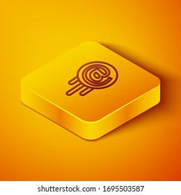 Isometric line Mail and e-mail icon isolated on orange background. Envelope symbol e-mail. Email message sign. Yellow square button. Vector Illustration
