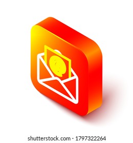 Isometric line Mail and e-mail icon isolated on white background. Envelope symbol e-mail. Email message sign. Orange square button. Vector Illustration