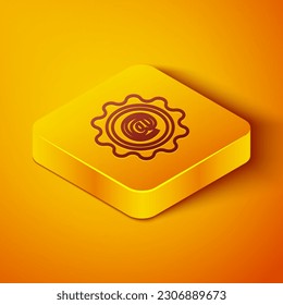 Isometric line Mail and e-mail icon aíslado en el fondo naranja. Correo electrónico con símbolo de sobres. Señal de mensaje de correo electrónico. Botón cuadrado amarillo. Ilustración vectorial