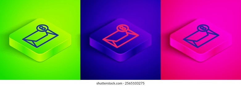 Isometric line Mail and e-mail icon isolated on green, blue and pink background. Envelope symbol e-mail. Email message sign. Square button. Vector