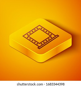 Isometric line Makeup mirror with lights icon isolated on orange background. Yellow square button. Vector Illustration