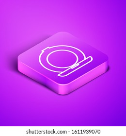 Isometric line Makeup powder with mirror icon isolated on purple background. Purple square button. Vector Illustration