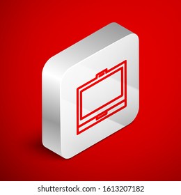 Isometric line Makeup powder with mirror icon isolated on red background. Silver square button. Vector Illustration
