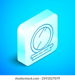 Isometric line Makeup powder with mirror icon isolated on blue background. 8 March. International Happy Women Day. Silver square button. Vector Illustration