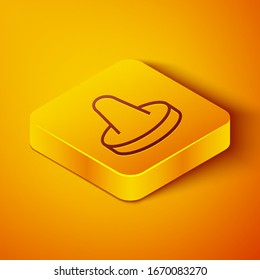 Isometric line Mallet and puck for playing air hockey game icon isolated on orange background. Yellow square button. Vector Illustration