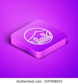 Isometric line Man face in a medical protective mask icon isolated on purple background. Quarantine. Purple square button. Vector Illustration