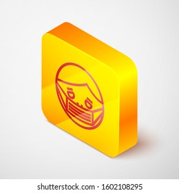 Isometric line Man face in a medical protective mask icon isolated on grey background. Quarantine. Yellow square button. Vector Illustration