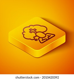 Isometric line Man graves funeral sorrow icon isolated on orange background. The emotion of grief, sadness, sorrow, death. Yellow square button. Vector