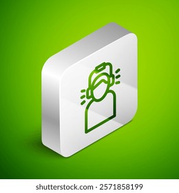 Isometric line Man in headphones icon isolated on green background. Silver square button. Vector