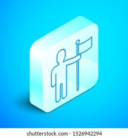 Isometric line Man holding flag icon isolated on blue background. Silver square button. Vector Illustration