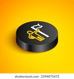 Isometric line Man holding flag icon isolated on yellow background. Victory, winning and conquer adversity concept. Black circle button. Vector