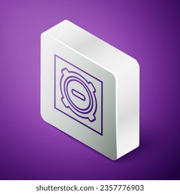 Isometric line Manhole sewer cover icon isolated on purple background. Silver square button. Vector Illustration