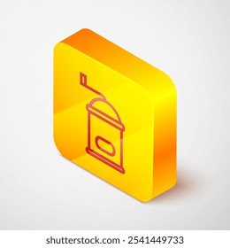 Línea isométrica Icono de molinillo de café manual aislado sobre fondo gris. Botón cuadrado amarillo. Ilustración vectorial