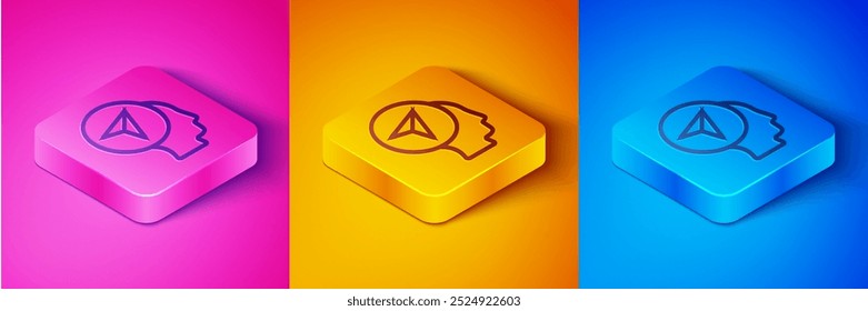 Isometric line Map marker with a silhouette of a person icon isolated on pink and orange, blue background. GPS location symbol. Square button. Vector