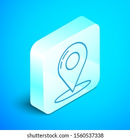 Isometric line Map pin icon isolated on blue background. Navigation, pointer, location, map, gps, direction, place, compass, contact, search concept. Silver square button. Vector Illustration