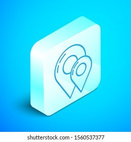 Isometric line Map pin icon isolated on blue background. Navigation, pointer, location, map, gps, direction, place, compass, contact, search concept. Silver square button. Vector Illustration