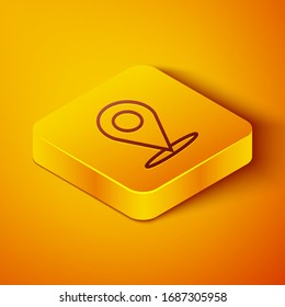 Isometric line Map pin icon isolated on orange background. Navigation, pointer, location, map, gps, direction, place, compass, search concept. Yellow square button. Vector Illustration