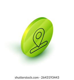 Isometric line Map pin icon isolated on white background. Navigation, pointer, location, map, gps, direction, place, compass, search concept. Green circle button. Vector Illustration